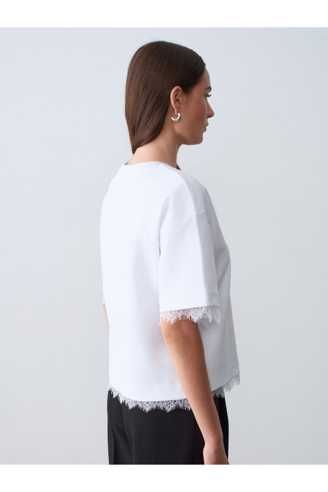32826 Dantel Detaylı Kısa Kollu T-shirt-Beyaz görsel 2
