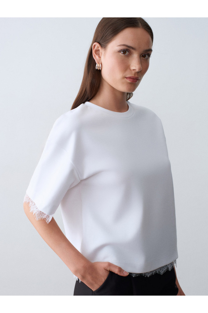 32826 Dantel Detaylı Kısa Kollu T-shirt-Beyaz görsel 3