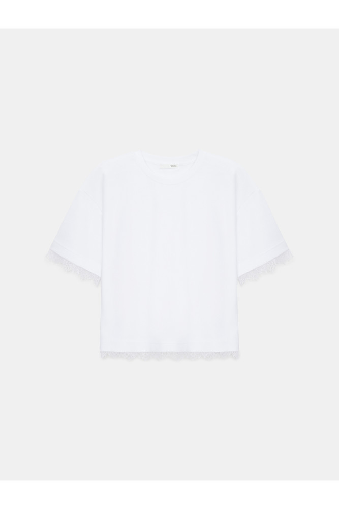 32826 Dantel Detaylı Kısa Kollu T-shirt-Beyaz görsel 5