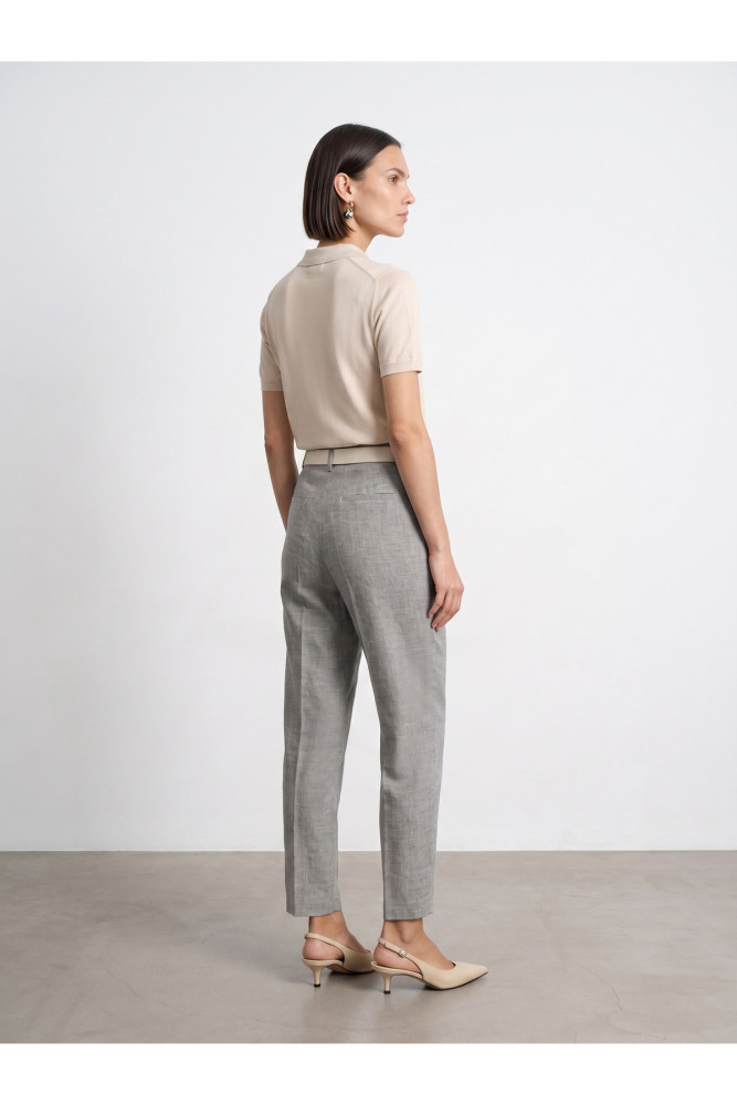 72729 Keten Karışımlı Kemerli Pantolon-Taş görsel 3