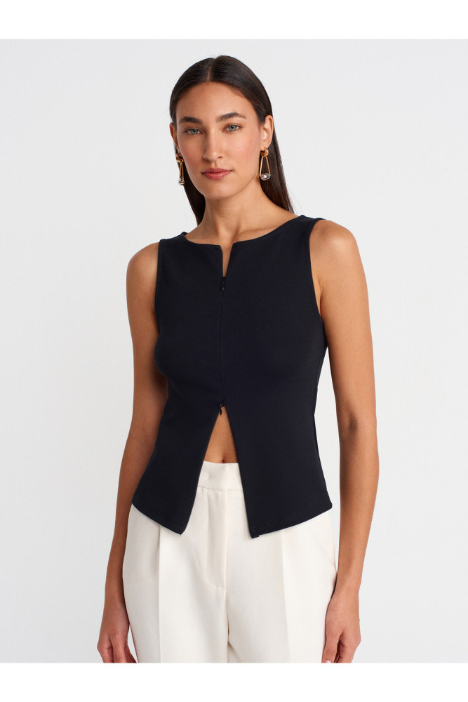 31764 Fermuar Detaylı Top-Siyah
