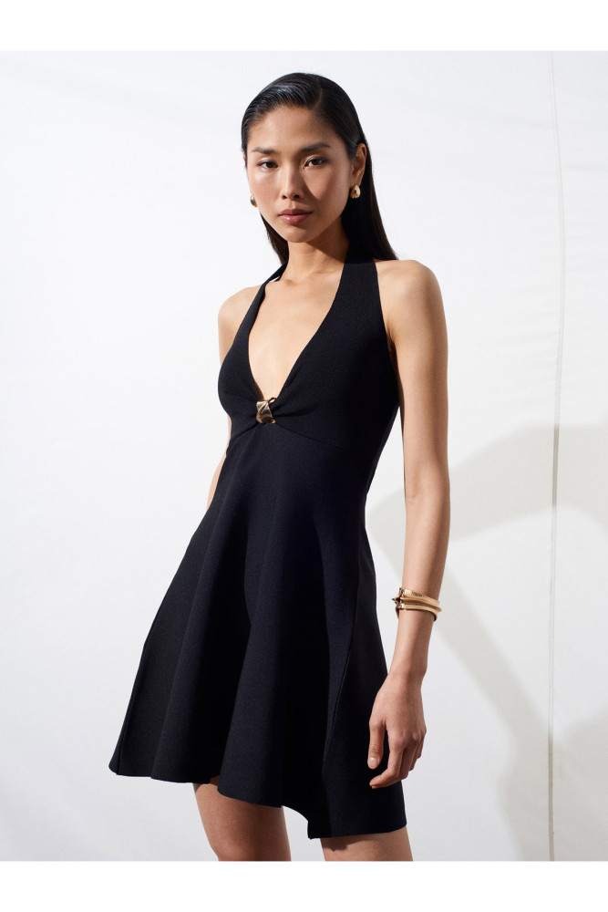 90269 Metal Detaylı Peplum Triko Elbise-Siyah görsel 4