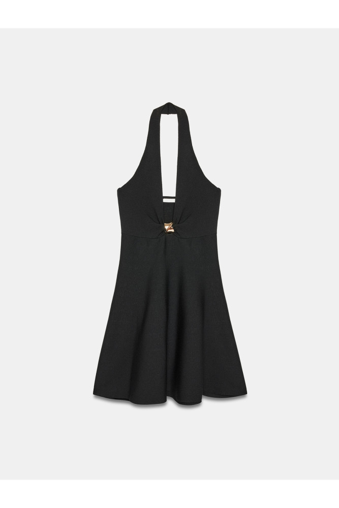 90269 Metal Detaylı Peplum Triko Elbise-Siyah görsel 5