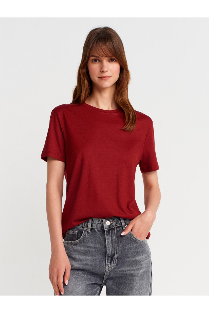31791 Bisiklet Yaka T-shirt-Açık Bordo