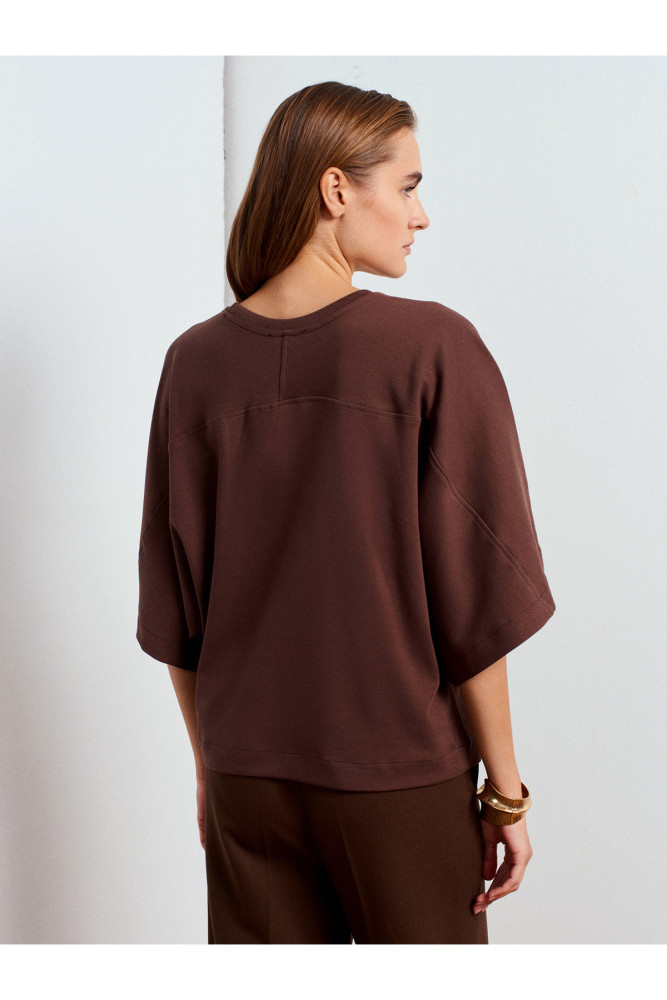 32210 %100 Pamuk Yarasa Kol T-Shirt-Açık Kahve görsel 2