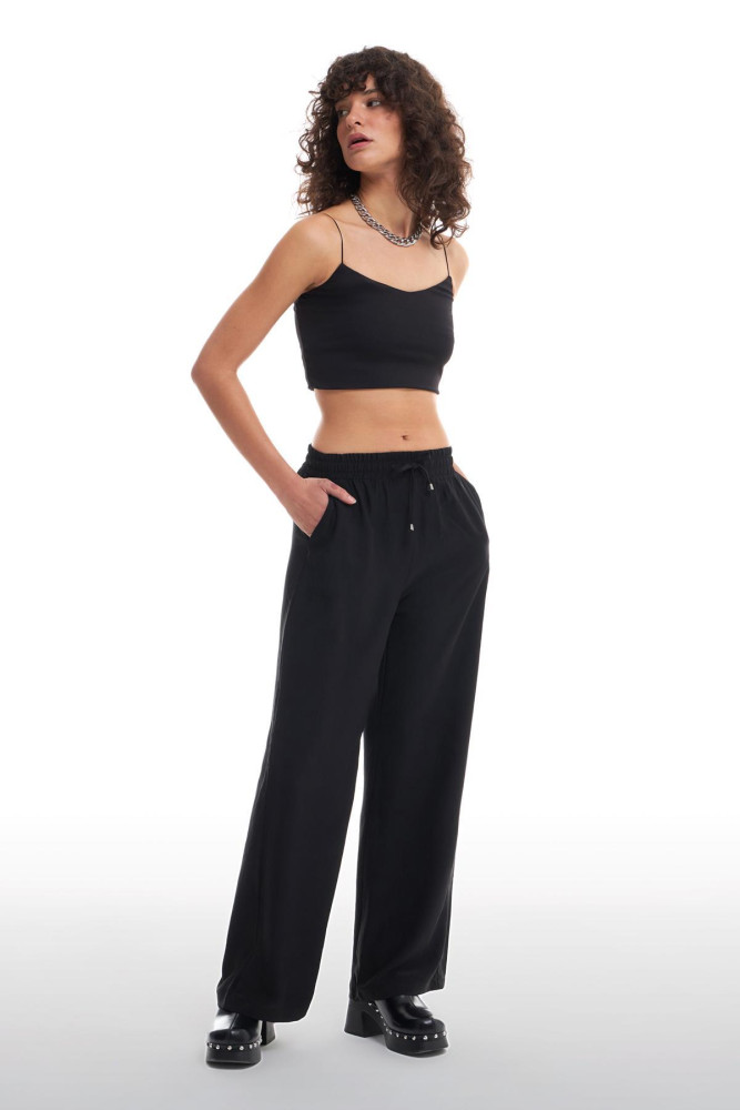 Beli Lastikli Bol Paça Pantolon Siyah görsel 3