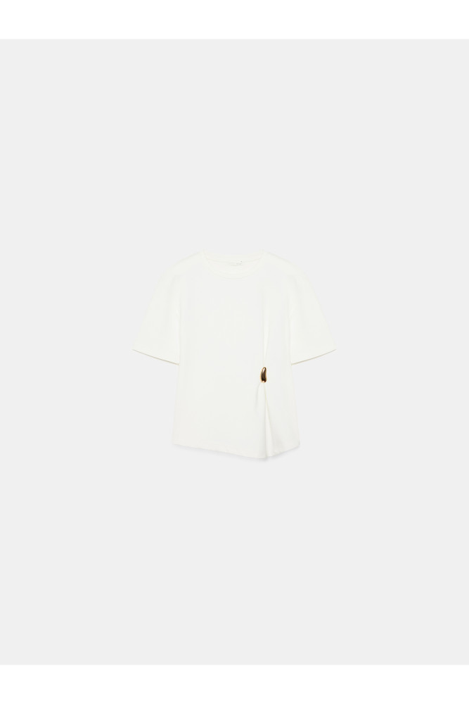32445 Aksesuar Detaylı Basic T-Shirt-Ekru görsel 5