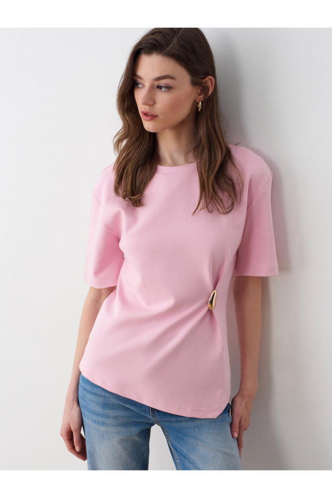 32445 Aksesuar Detaylı Basic T-Shirt-Toz Pembe