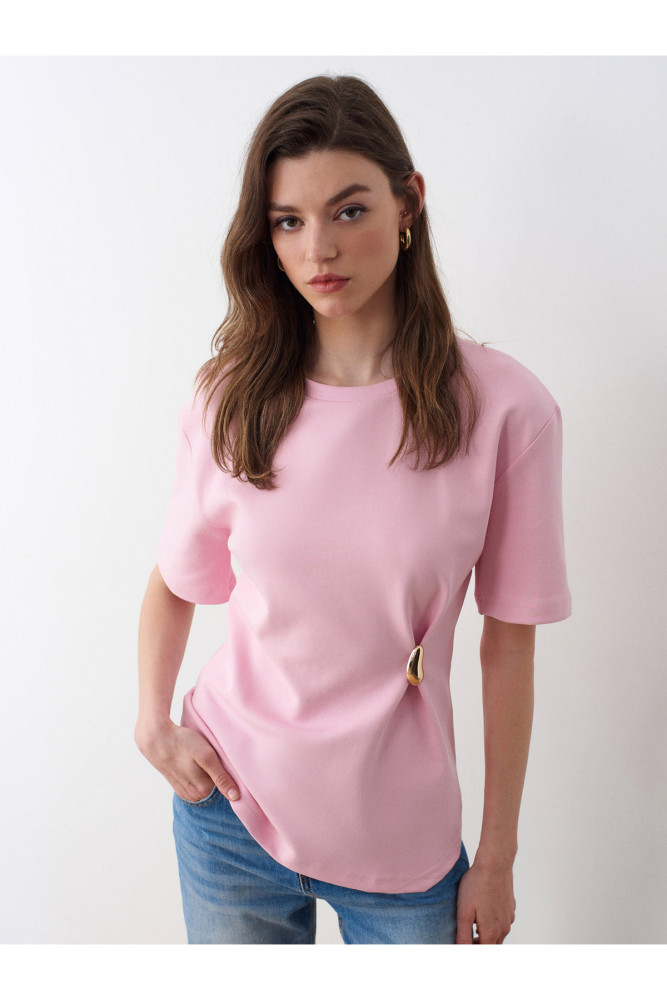 32445 Aksesuar Detaylı Basic T-Shirt-Toz Pembe görsel 3