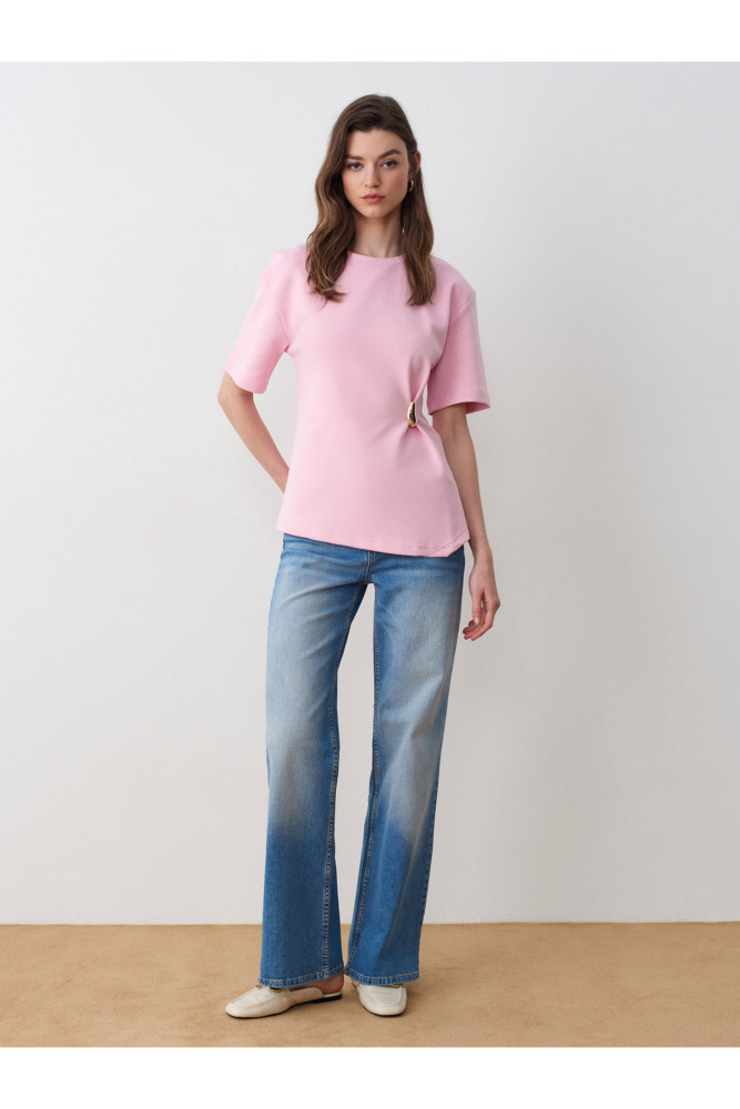 32445 Aksesuar Detaylı Basic T-Shirt-Toz Pembe görsel 4
