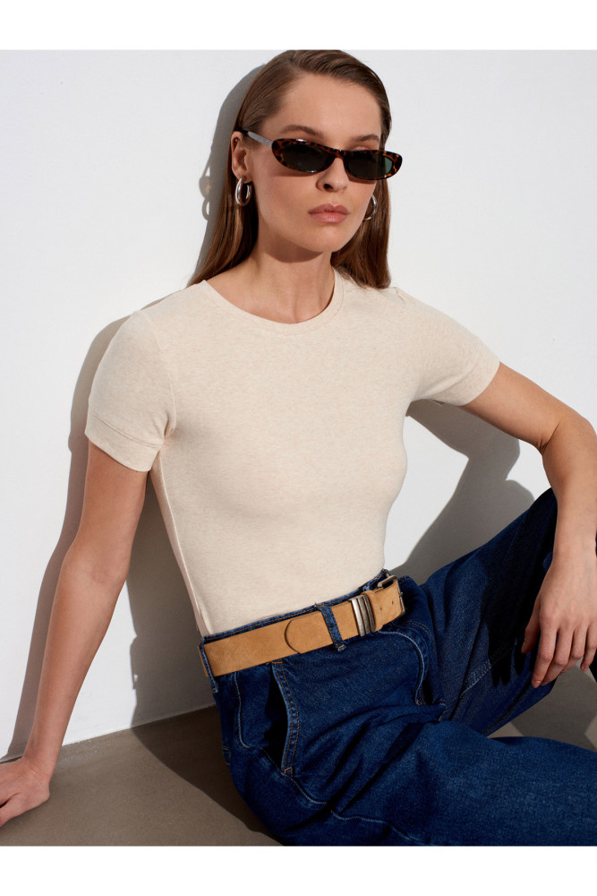 32637 Bisiklet Yaka T-Shirt-Bej Melanj