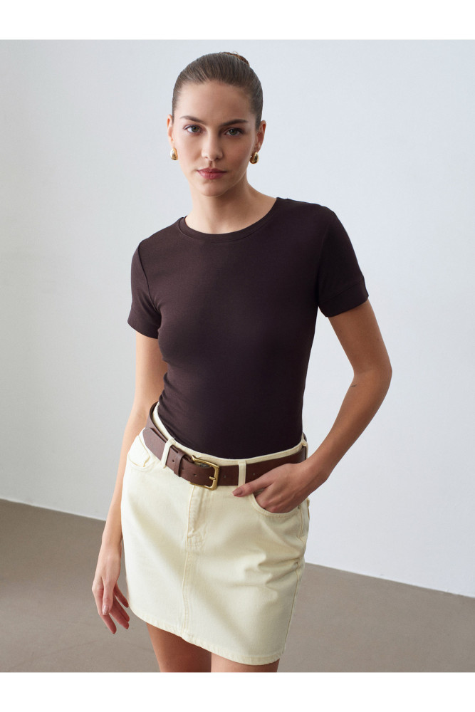 32637 Bisiklet Yaka T-Shirt-Koyu Kahve