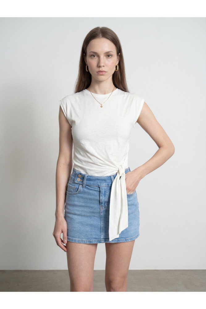 32724 %100 Pamuk Bağlama Detaylı T-shirt-Ekru görsel 4