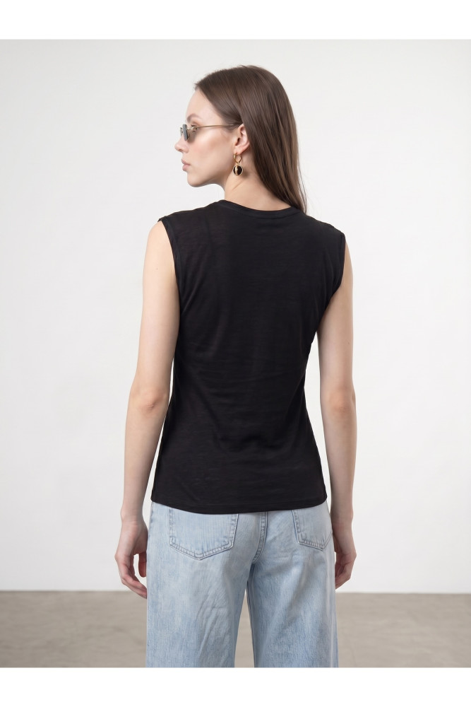 32724 %100 Pamuk Bağlama Detaylı T-shirt-Siyah görsel 2