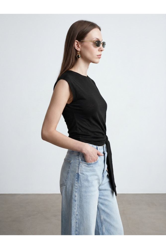 32724 %100 Pamuk Bağlama Detaylı T-shirt-Siyah görsel 3