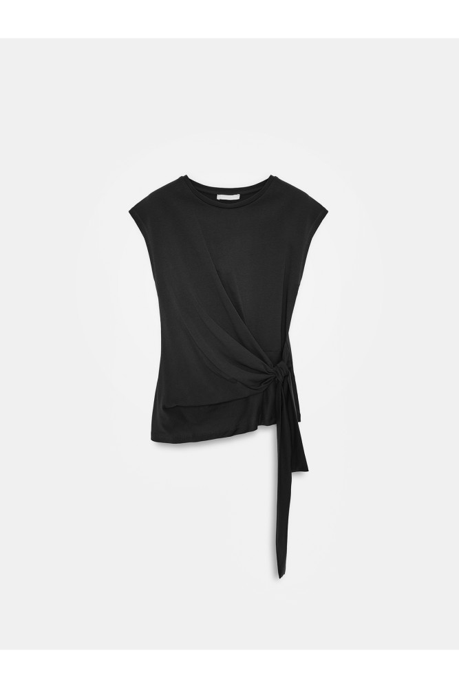 32724 %100 Pamuk Bağlama Detaylı T-shirt-Siyah görsel 5