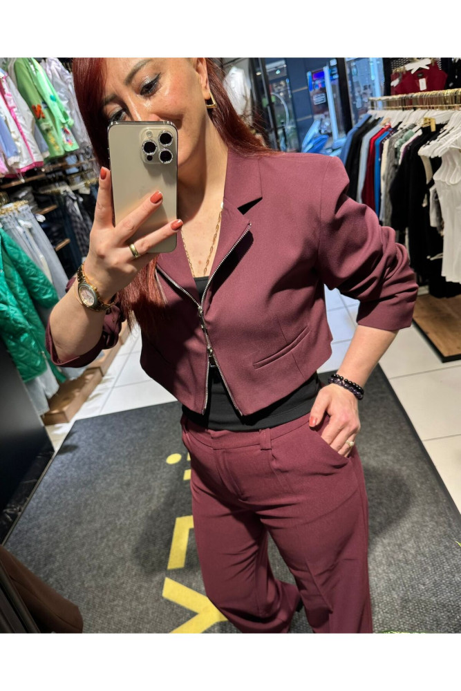 Quzu Önden Fermuarlı Crop Blazer Ceket Lacivert