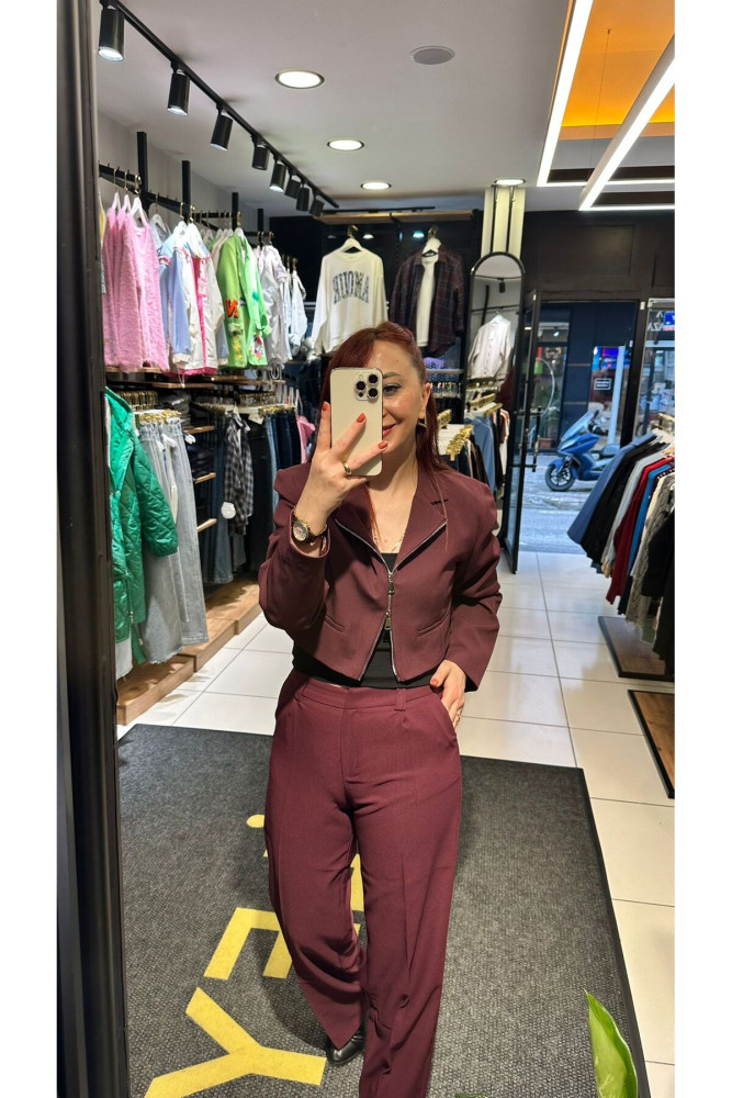 Quzu Önden Fermuarlı Crop Blazer Ceket Lacivert görsel 2