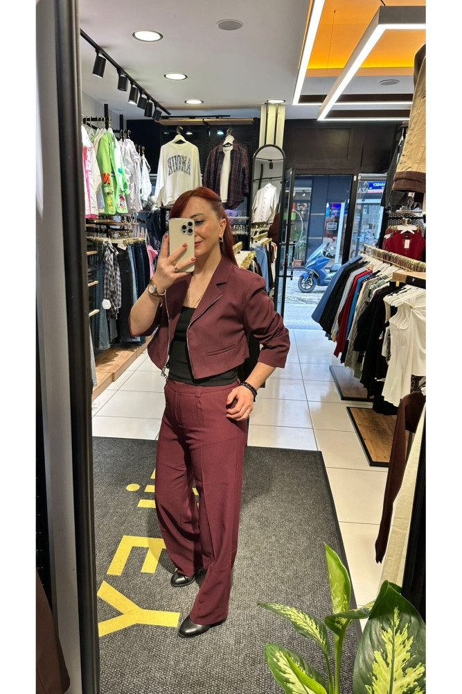 Quzu Önden Fermuarlı Crop Blazer Ceket Lacivert görsel 3