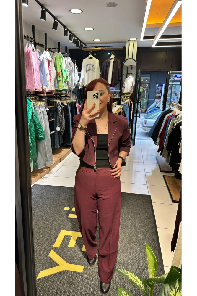 Quzu Önden Fermuarlı Crop Blazer Ceket Lacivert görsel 4