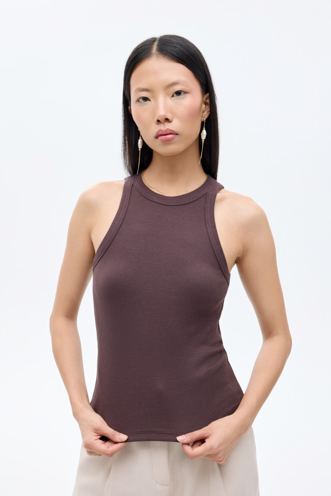 Halter Yaka Basic Fitilli Atlet Koyu Kahve görsel 3