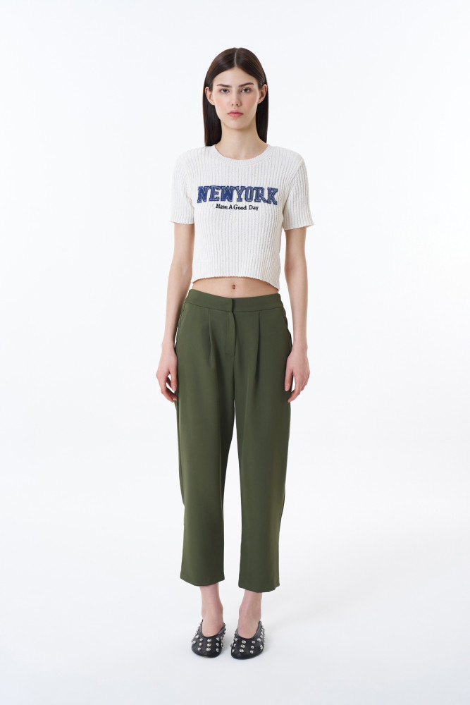 Quzu New York Baskılı Crop Triko Ekru görsel 3