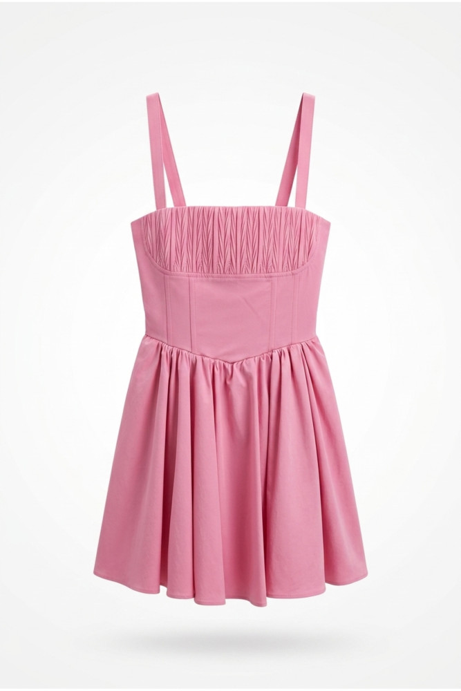 KALIN ASKILI PİLELİ MİNİ ELBİSE PEMBE