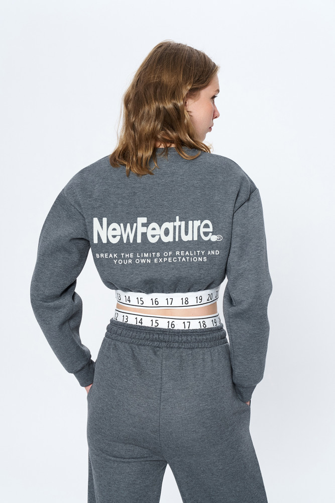 Quzu Beli Sayı Detaylı Crop Sweatshirt Antrasit görsel 5