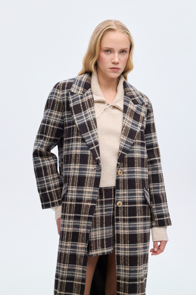 Ekose Düğmeli Oversize Kaşe Kaban Kahverengi görsel 3