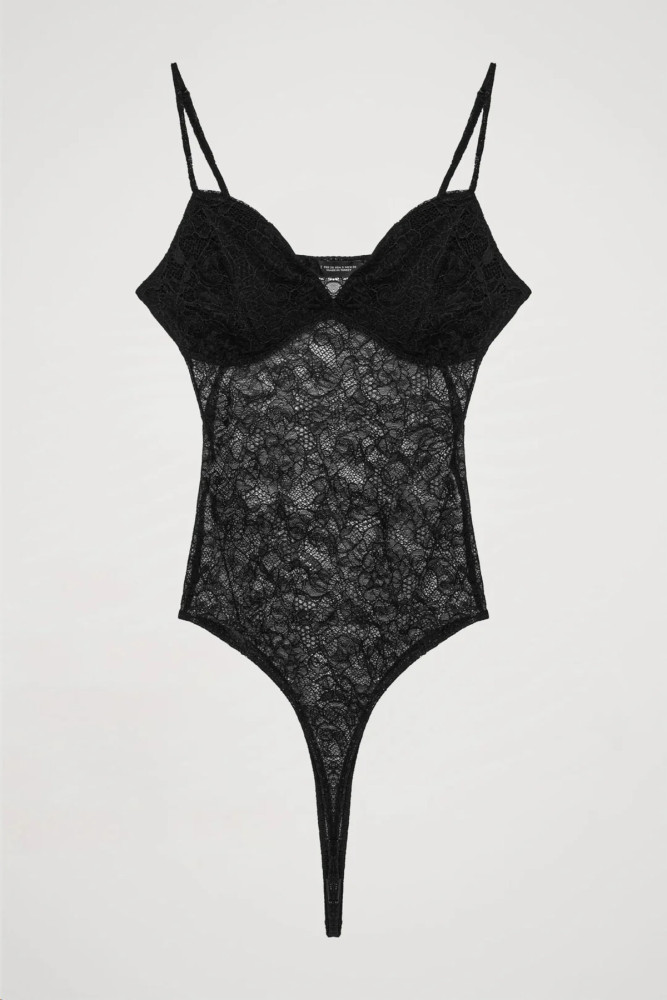 Quzu Dantelli Transparan Bodysuit Siyah