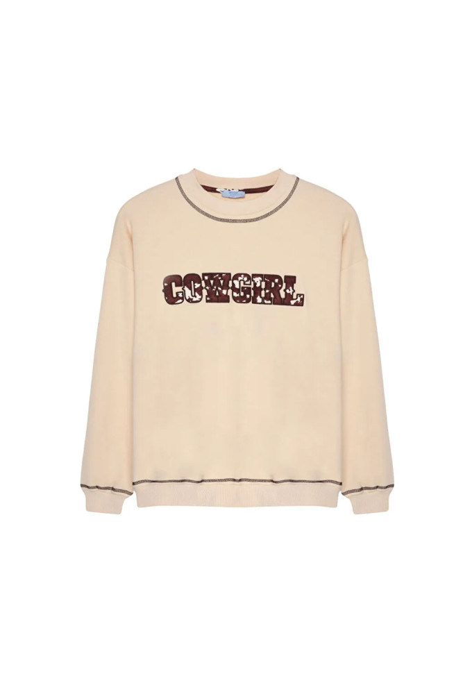 QUZU Kovboy Desenli Sweatshirt Bej görsel 2