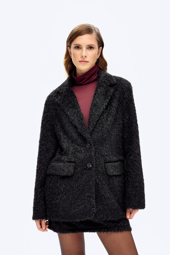 Tüylü Dokulu Oversize Blazer Ceket Siyah