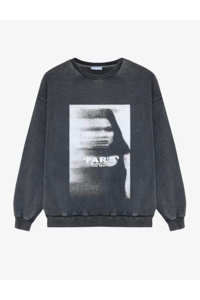 Yıkamalı Paris Baskılı Oversize Sweatshirt Antrasit