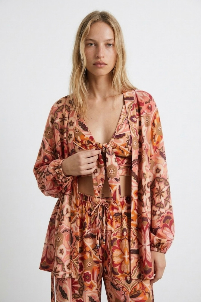 Etnik Desenli Kimono Pembe