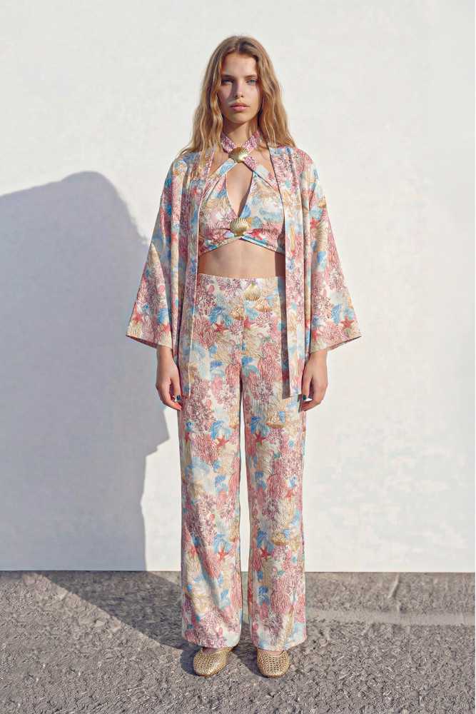Çiçek Desenli Kısa Kimono Pembe görsel 2