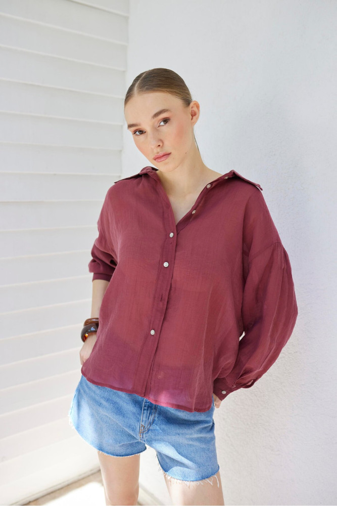 4924 OVERSIZE İPEKSİ GÖMLEK BORDO görsel 2