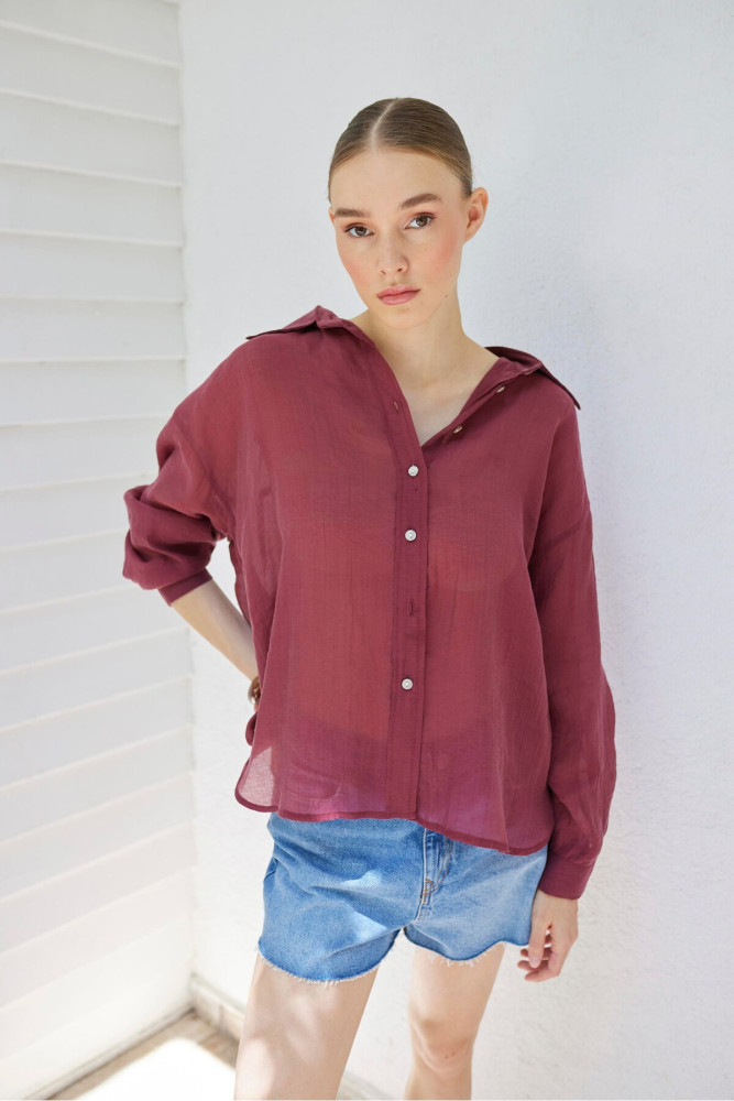 4924 OVERSIZE İPEKSİ GÖMLEK BORDO görsel 3