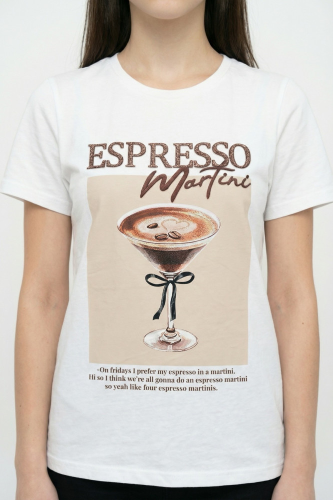 Espresso Nakışlı Baskılı Oversize Tişört Ekru görsel 2