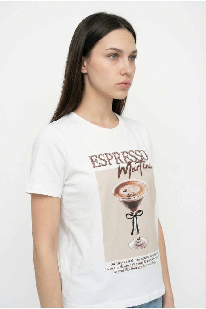 Espresso Nakışlı Baskılı Oversize Tişört Ekru görsel 4
