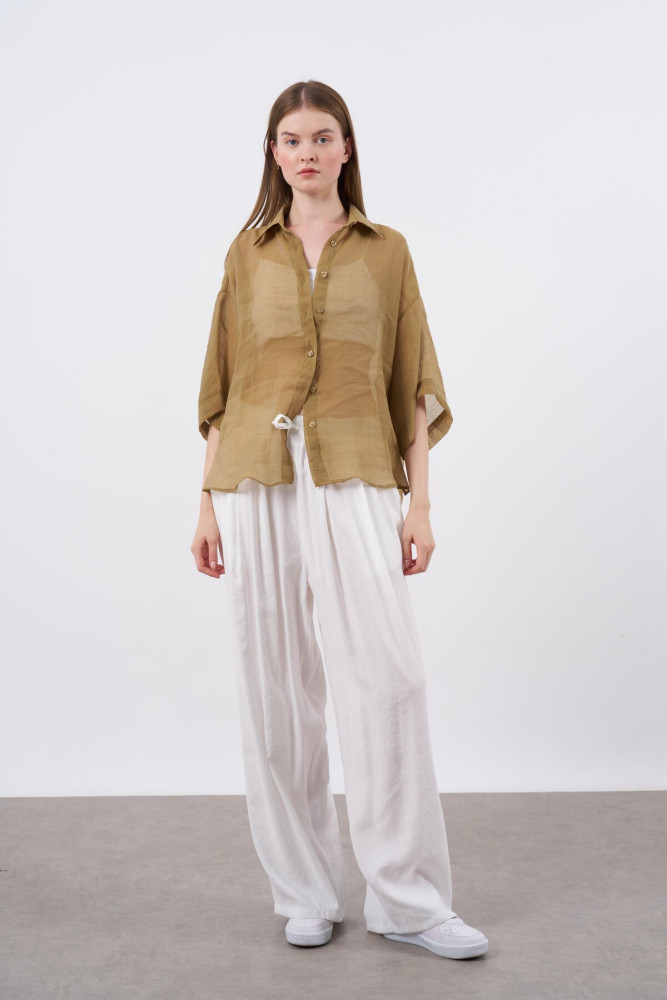 4927 OVERSIZE İPEKSİ GÖMLEK OLİVE