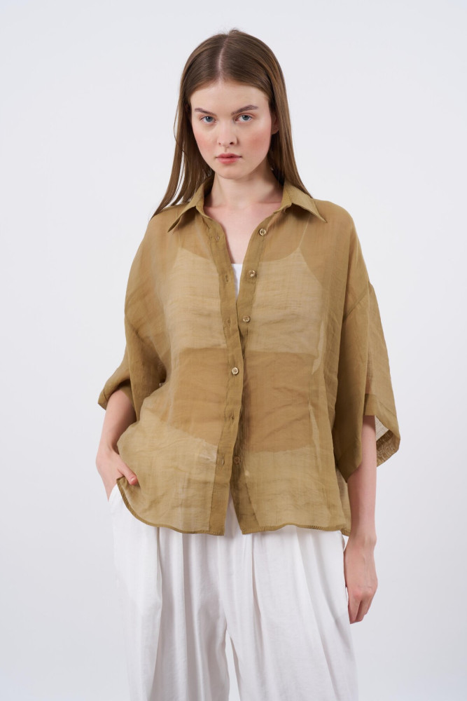 4927 OVERSIZE İPEKSİ GÖMLEK OLİVE görsel 2