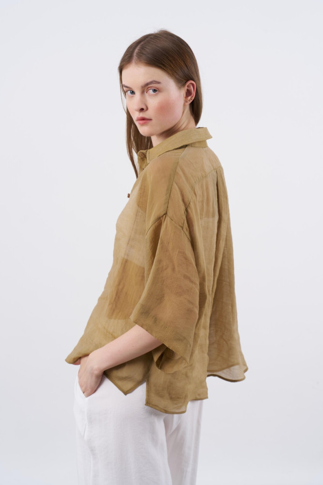 4927 OVERSIZE İPEKSİ GÖMLEK OLİVE görsel 3
