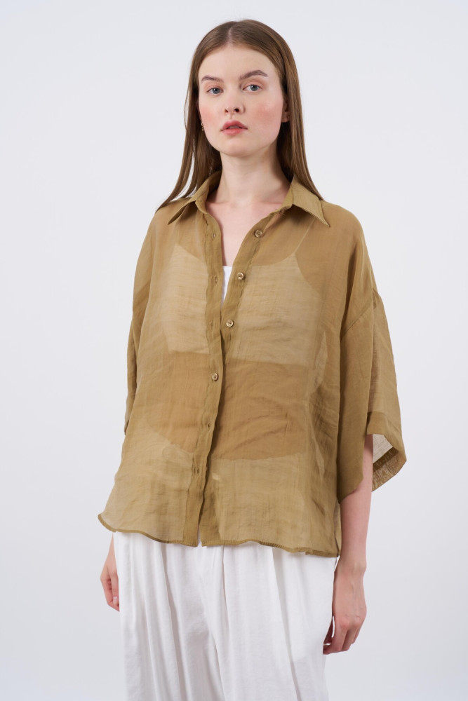 4927 OVERSIZE İPEKSİ GÖMLEK OLİVE görsel 4