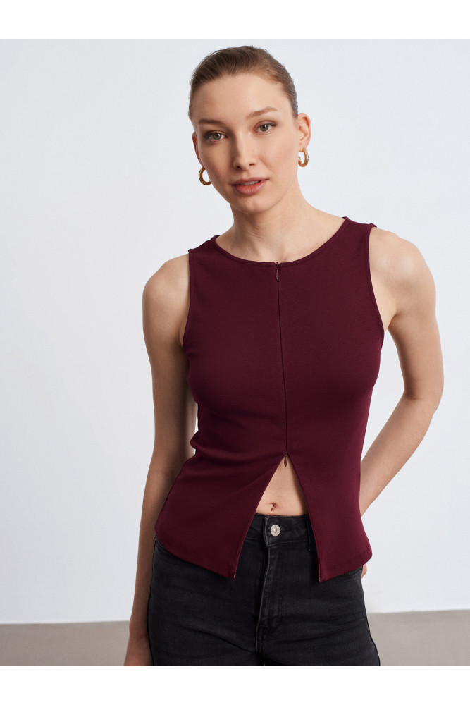31764 Fermuar Detaylı Top-Bordo