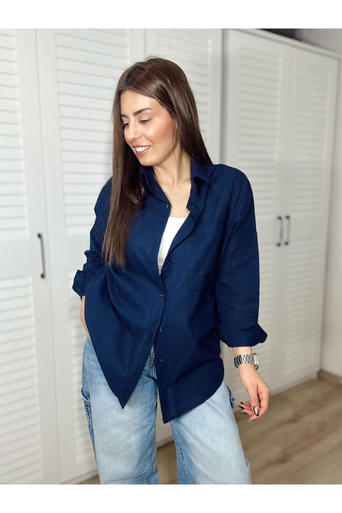 Düşük Omuz Oversize Keten Gömlek Lacivert