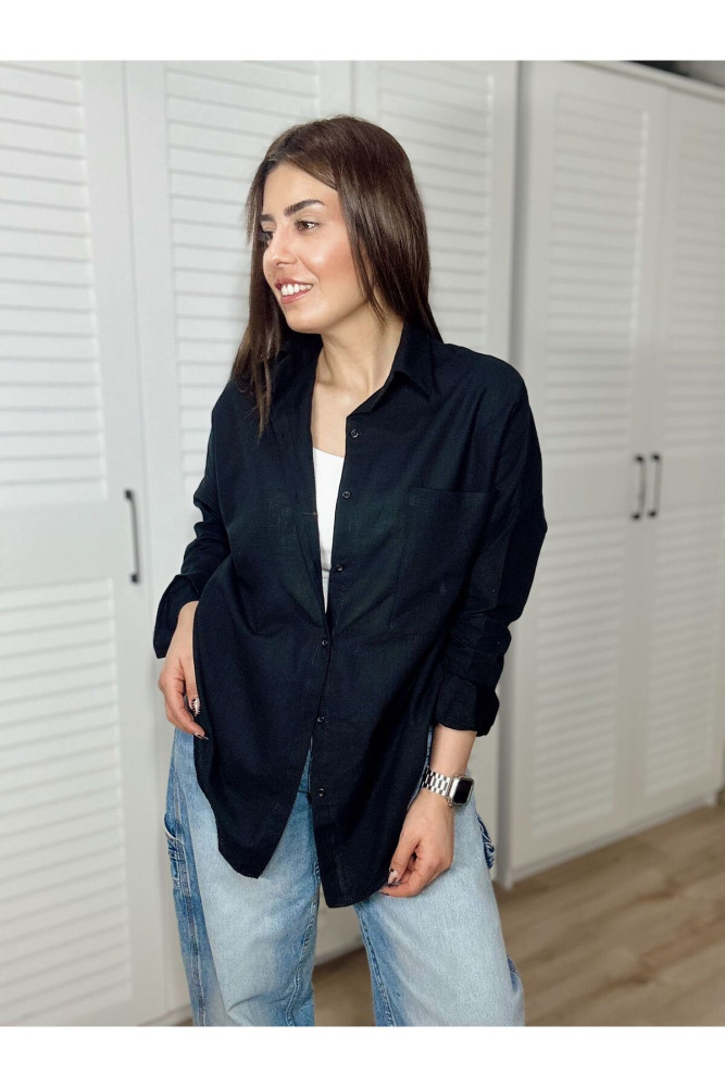 Düşük Omuz Oversize Keten Gömlek Lacivert görsel 3