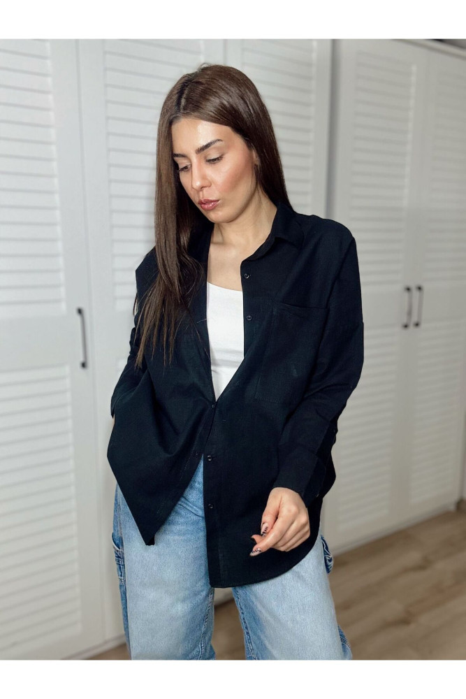 Düşük Omuz Oversize Keten Gömlek Lacivert görsel 2