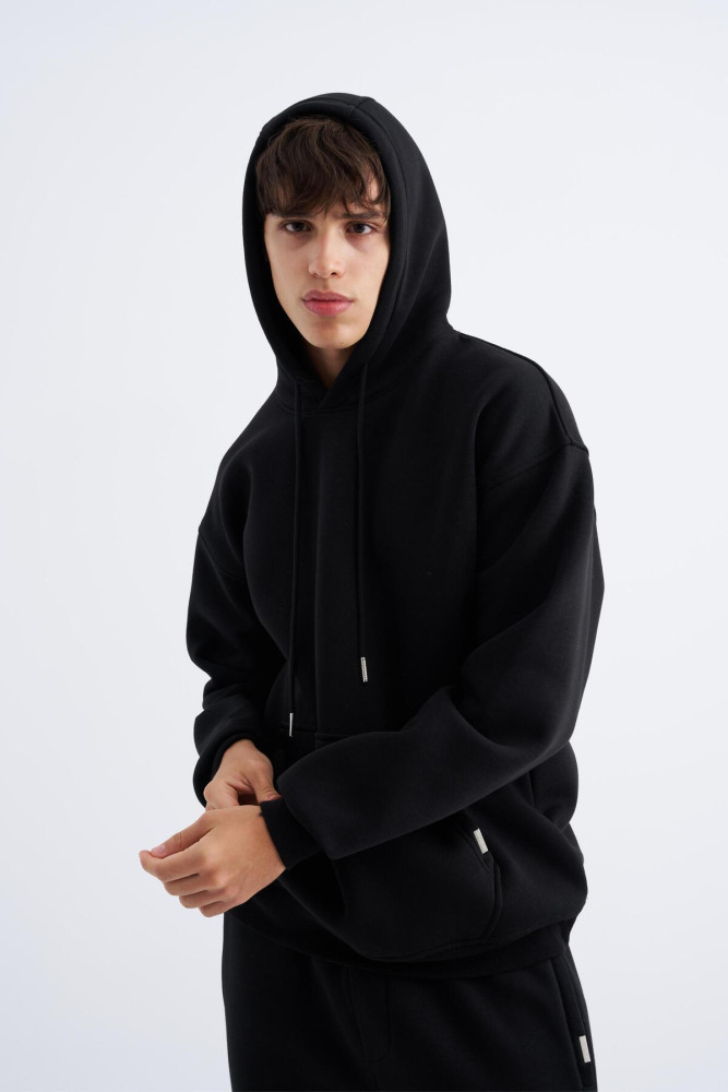 Erkek Basic Kapüşonlu Oversize Siyah Sweatshirt