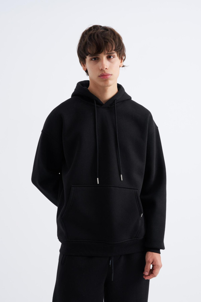 Erkek Basic Kapüşonlu Oversize Siyah Sweatshirt görsel 2