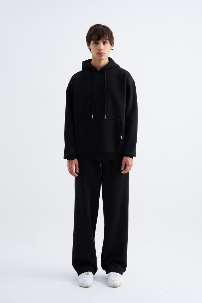 Erkek Basic Kapüşonlu Oversize Siyah Sweatshirt görsel 4